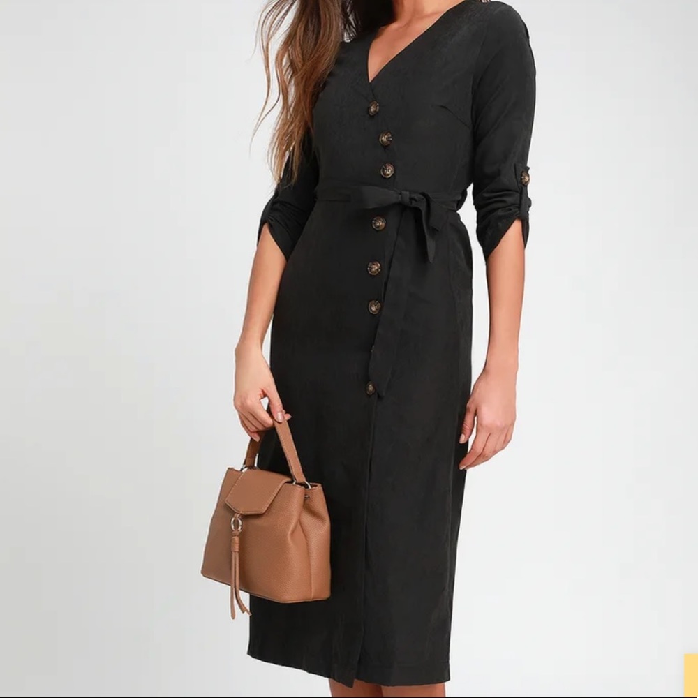 Washed Black Suede Button-Up Midi Dress